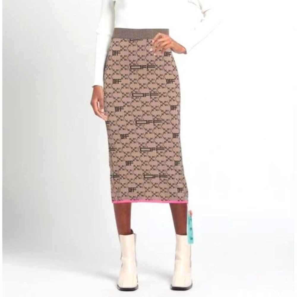 New Off-White Italian Designer Women's Monogram Intarsia-knit Arrows-logo Brown